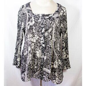 Womens Plus Size SereNade Long Sleeve Button Front Top Black & White Paisley 1X